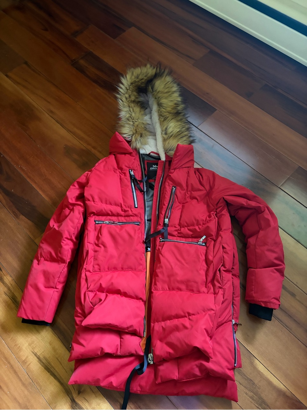 Orolay Red Women's Hooded Puffer Coat with Faux-Fur Trim end sz XS